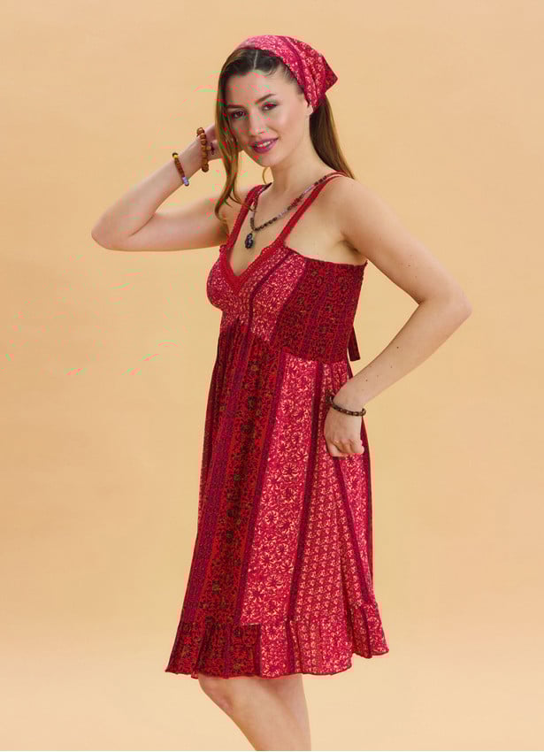 Strap Lace Collar Red Floral Dress 4574
